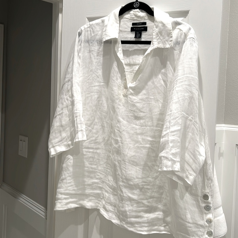TAHARI White Linen Tunic Top Button Side Boho Laganlook Beach Summer Classic 2X